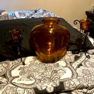 Orange glass vase and matching set of tea light candleholders
